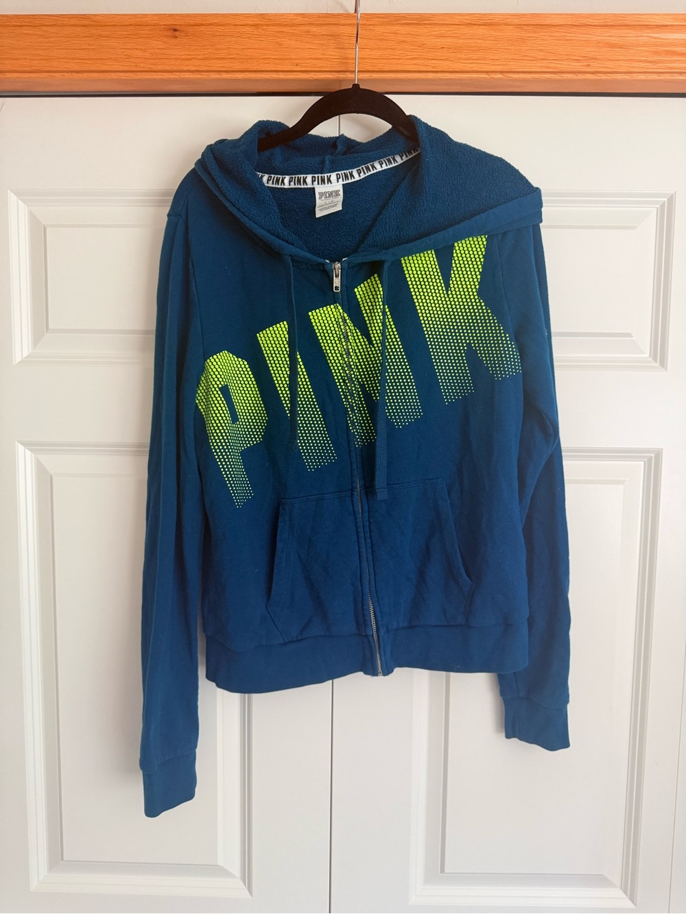 PINK Victoria's Secret Teal Zip Hoodie with Neon Green Logo